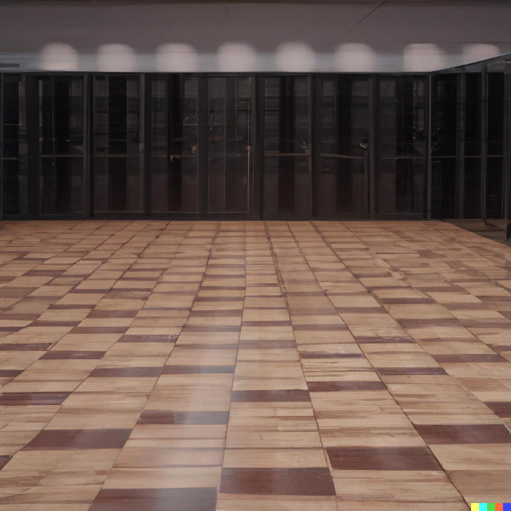 DALL·E prompt: Server room with a parquet tile floor, with tiles made of wood, dramatic lighting, cgsociety 4k